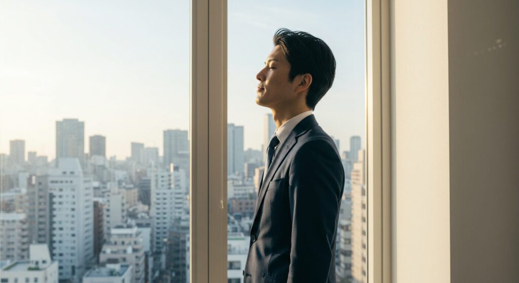 窓際で深呼吸し気持ちを落ち着ける日本人ビジネスパーソン