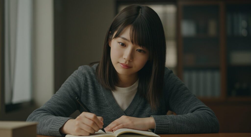 日記に書き込みながら自分の行動を振り返る日本人女性