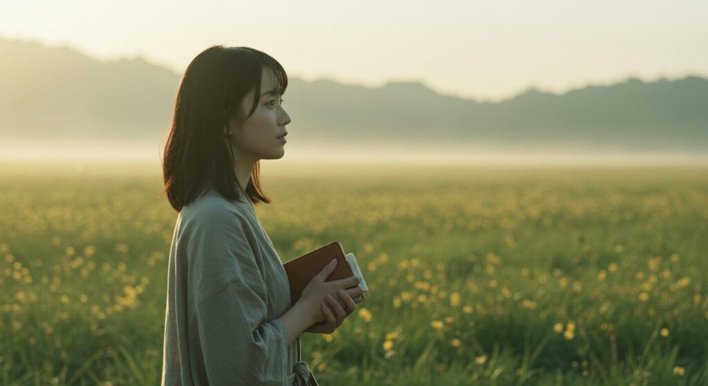 自然の中で手帳を持ち、遠くを見つめる日本人女性