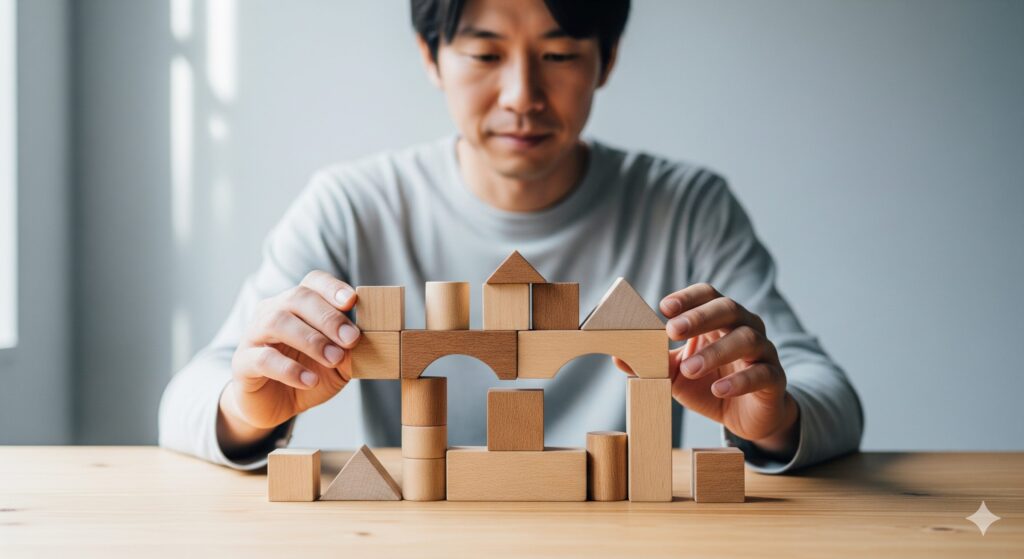 理解力がない人への伝え方を表す、木製のブロックを丁寧に組み立てている日本人男性