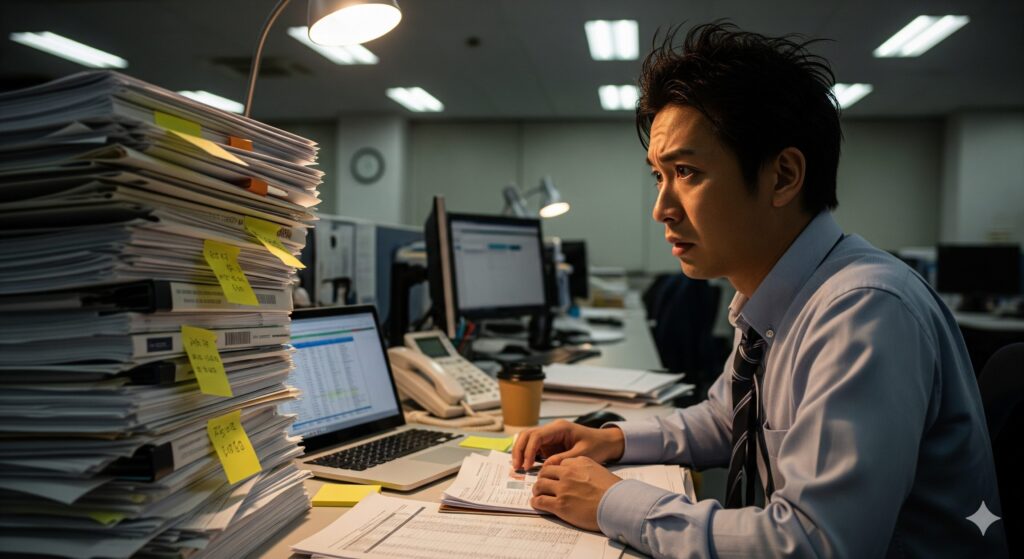 書類に囲まれ、真面目な表情で仕事をする男性会社員