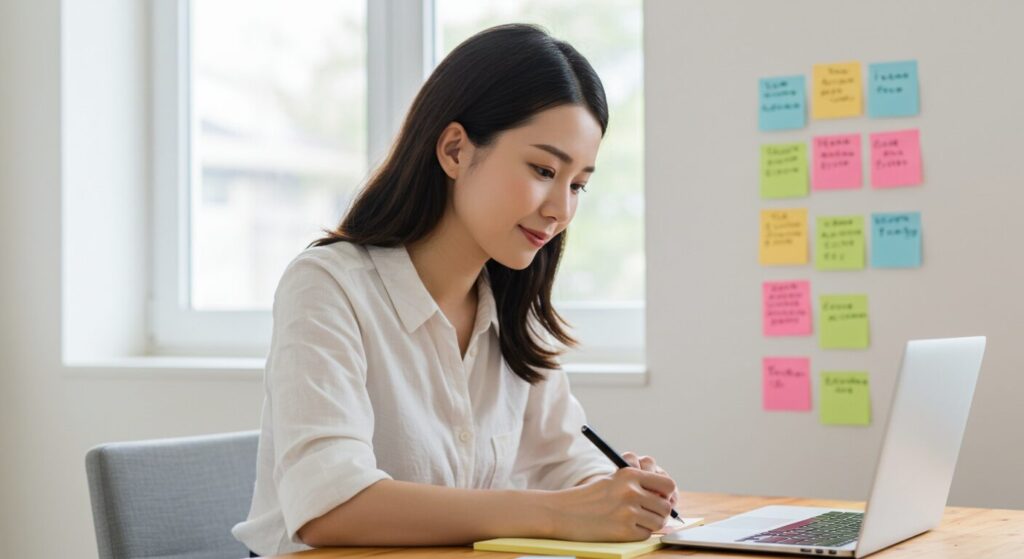 明るい部屋でメモを取りながら笑顔で作業する日本人女性が、小さな一歩を踏み出す姿を表している