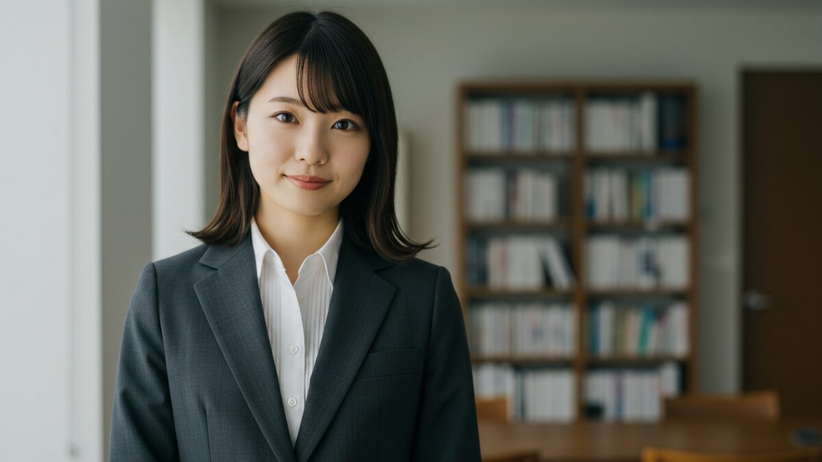 知的で落ち着いた雰囲気を持つ日本人女性が柔らかい光の中で微笑んでいる