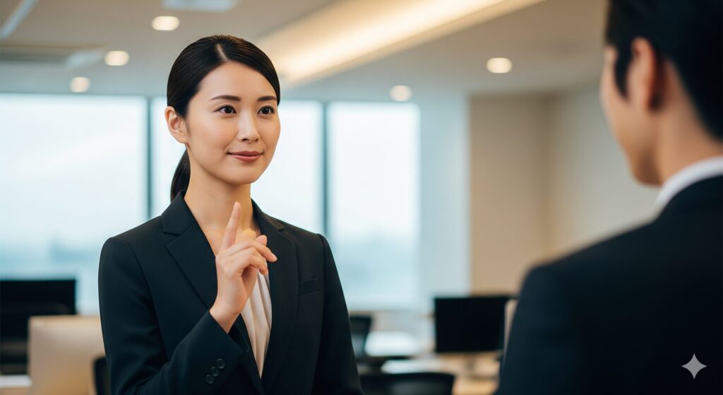 会議中に指で合図を出し、スマートに会話を終わらせようとしている女性