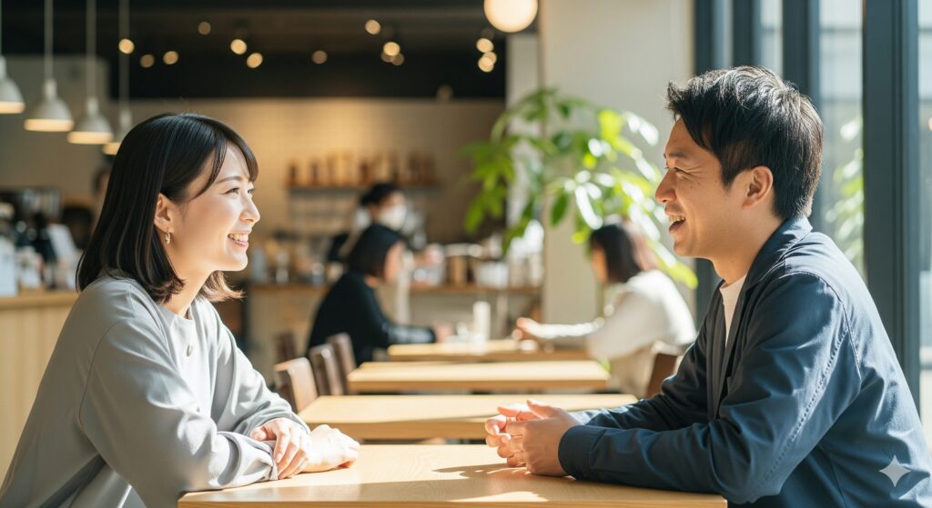 カフェで笑顔で会話を楽しみ、円滑なコミュニケーションを実践する日本人男女