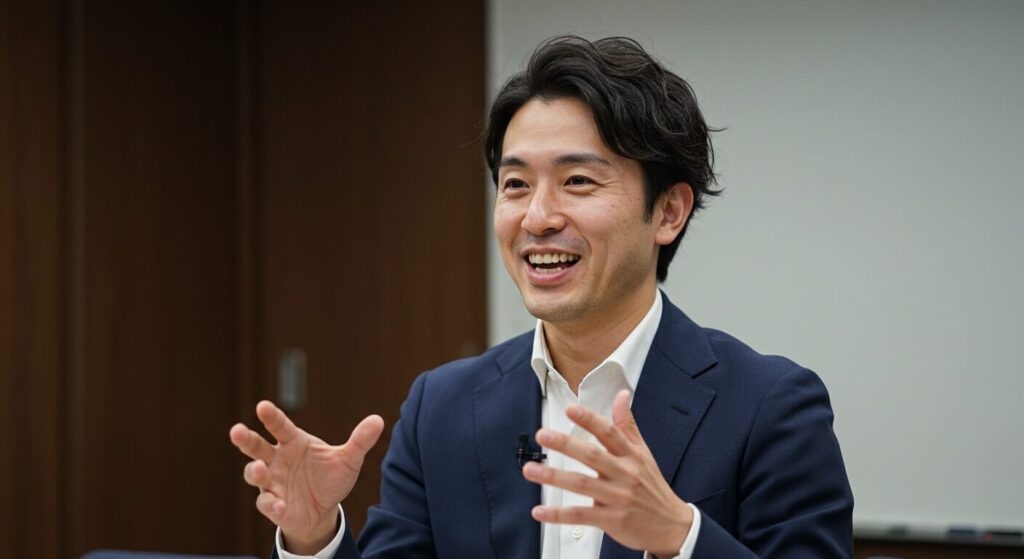 笑顔で話しながらジェスチャーを交える日本人男性のプレゼン風景