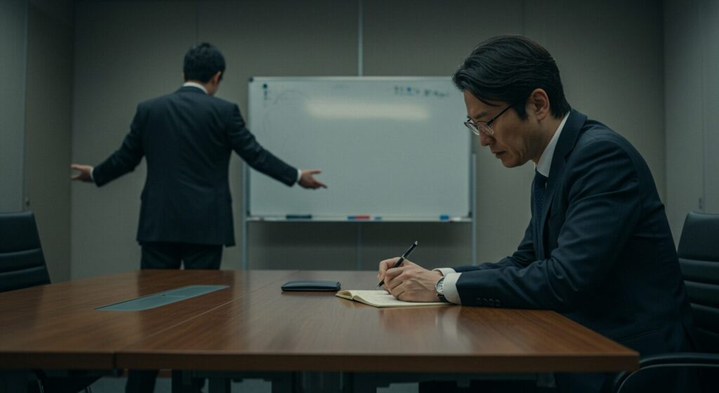 感情的に話す同僚を前に、動じることなく冷静にメモを取り、中立的な接し方を貫く男性。
