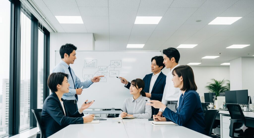 オフィスでホワイトボードを囲み、チームで協力して生産性向上に取り組んでいる様子