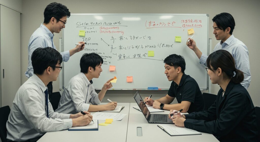 デスクを囲み協力しながら議論する日本人社員たち