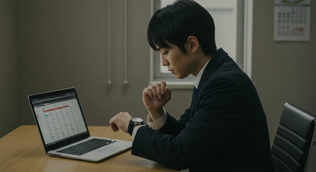 パソコンの前で腕時計を確認する日本人男性が、時間の使い方を整えようとしている
