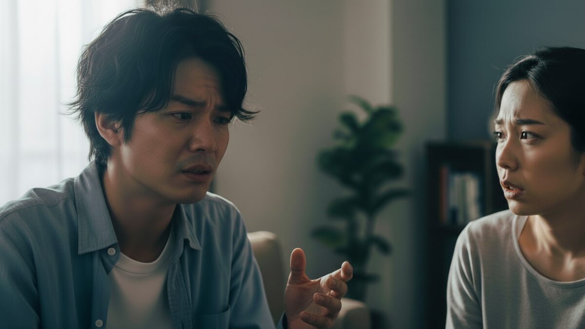疲れた表情で話す男性と、困惑した表情で聞いている女性