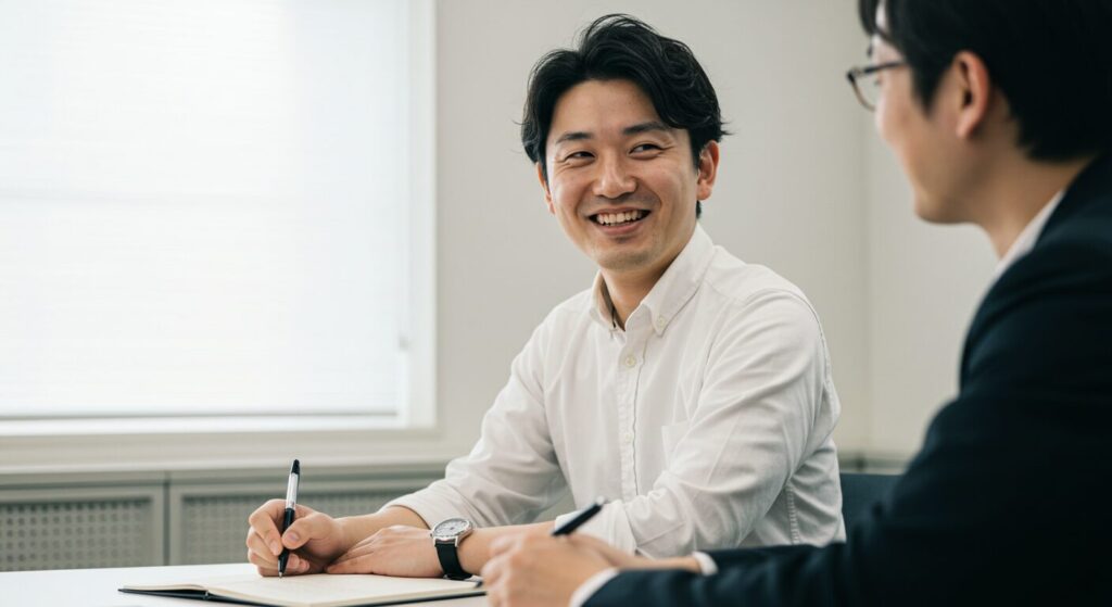 会議室でメモを取りながら理解を深める日本人男性。集中と理解力を象徴するシーン