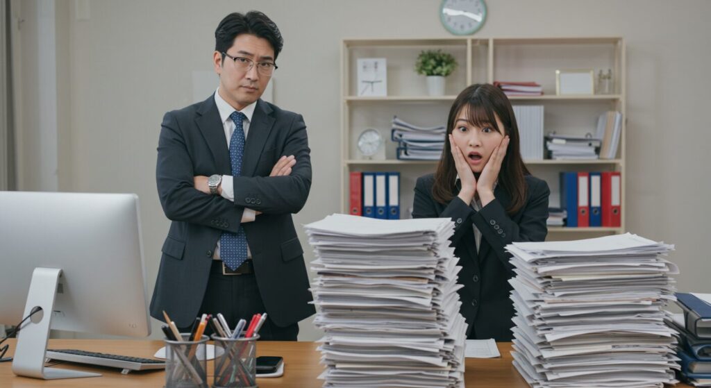 大量の仕事を部下に押し付け、呆然とする部下を腕を組んで見下ろす上司
