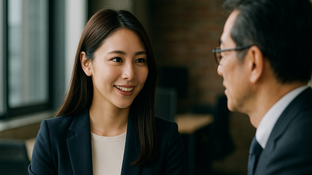 職場で上司と明るく会話をする若い日本人の女性社員