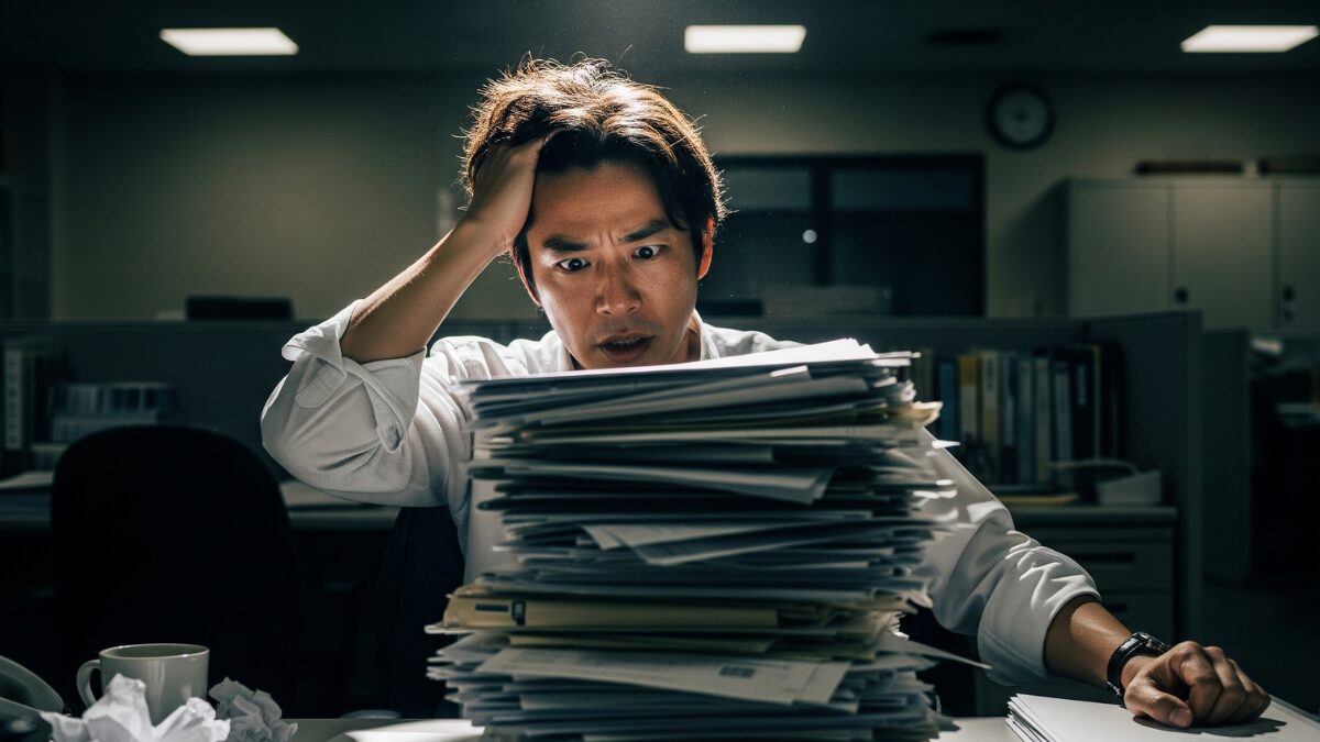 真面目だが仕事が遅い男性が、机に山積みになった書類を前に考え込む様子