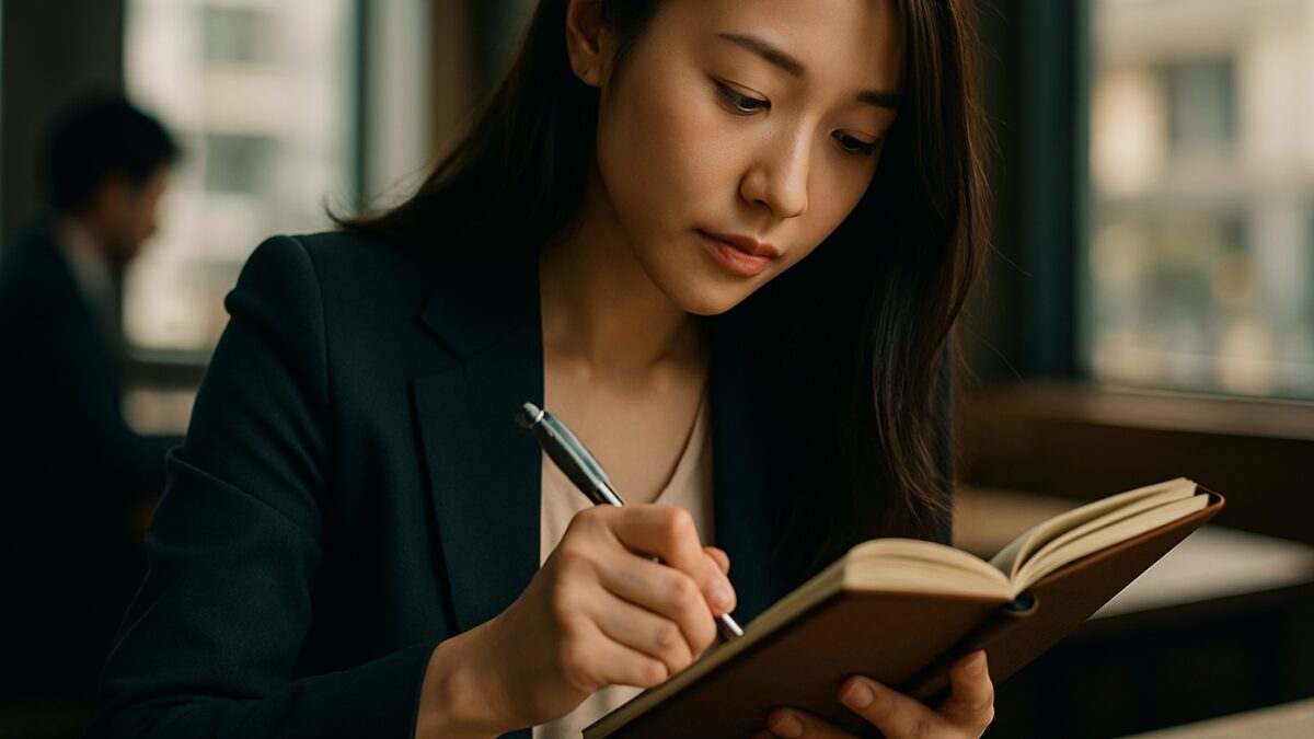 ノートにメモを取りながら仕事を覚える日本人女性社員の様子