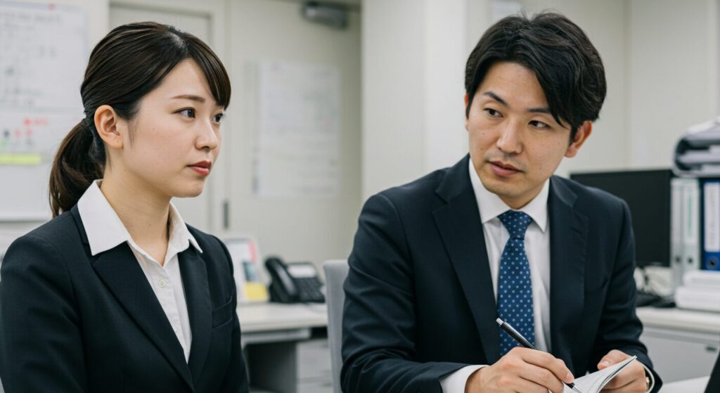 職場の問題を解決するため、人事担当者と思われる男性に真剣な表情で相談している日本人女性