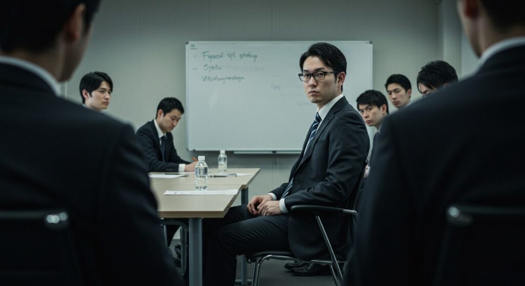 会議室で孤立し周囲から距離を取られる日本人ビジネスマン