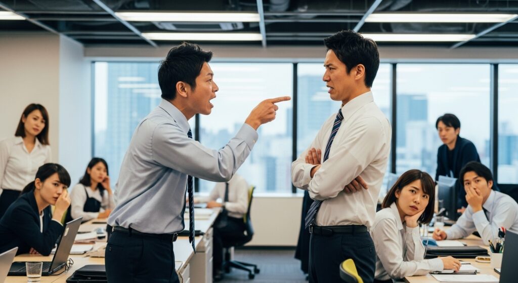 オフィス内で二人の男性社員が激しく口論し、一方が相手を指差して非難しており、周囲の同僚が困惑している様子