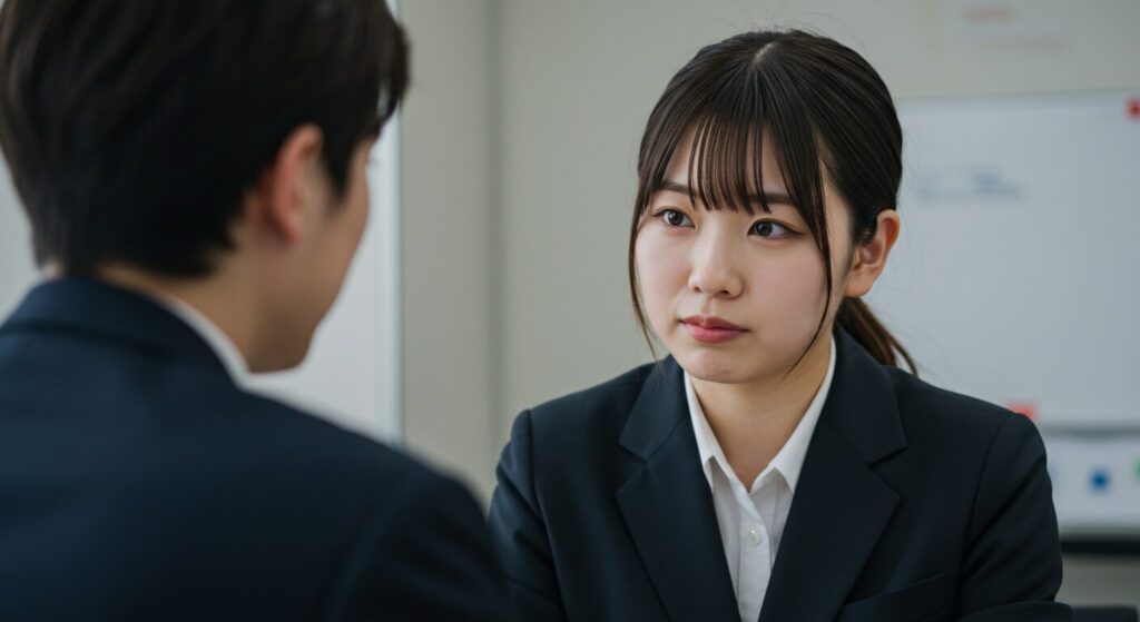 相手の話に深く集中し、真剣な表情で頷きながら傾聴する若い日本人女性