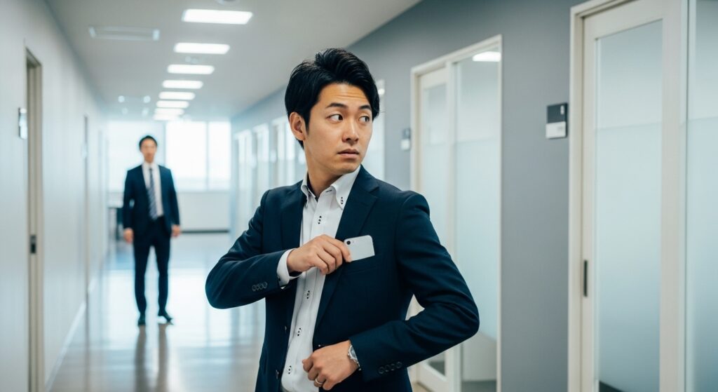 オフィスの廊下で同僚を見かけ、苦手意識から咄嗟に視線をそらして避けてしまうスーツ姿の男性。