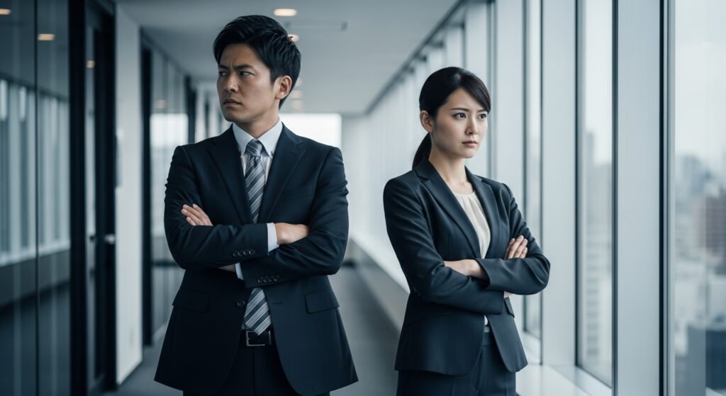 職場の対立で関係が悪化し、険しい表情で腕を組むスーツ姿の男女。