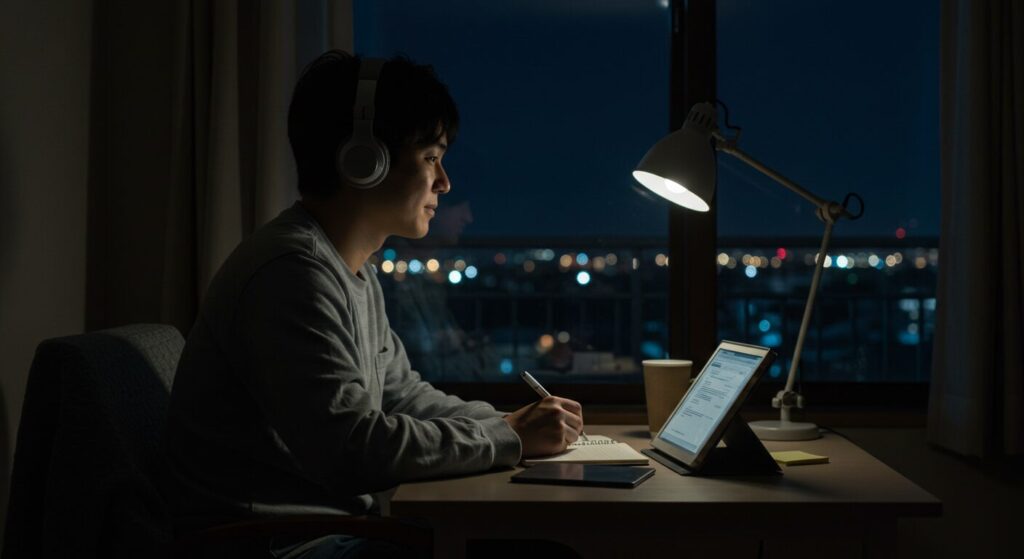 残業キャンセルによって得た夜の時間を使い、自宅で自己投資のためのオンライン学習に励む若い男性。