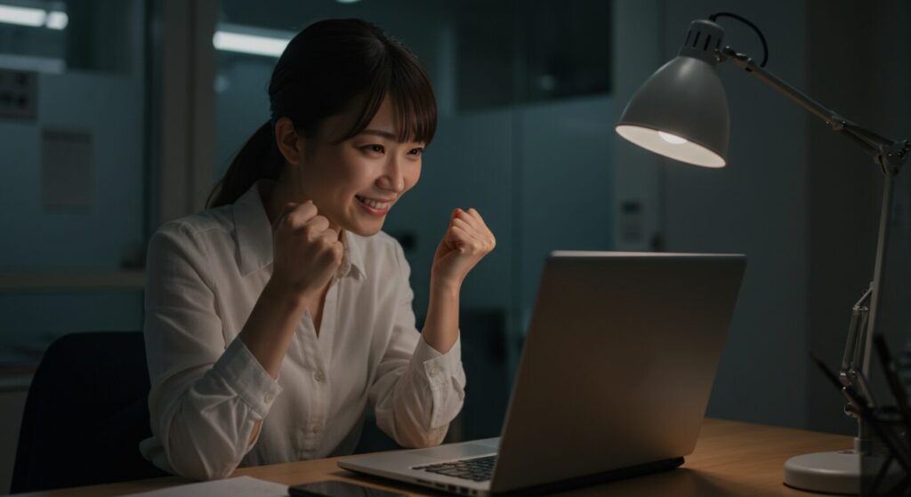 夜のオフィスでパソコン画面を見て、小さな成功体験に喜びガッツポーズをする女性。