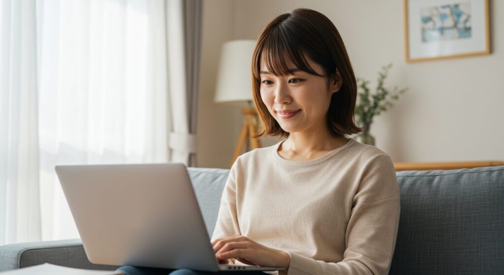 パソコンの前で、日々の小さな成功体験を積み重ねて穏やかな達成感を得ている日本人女性。