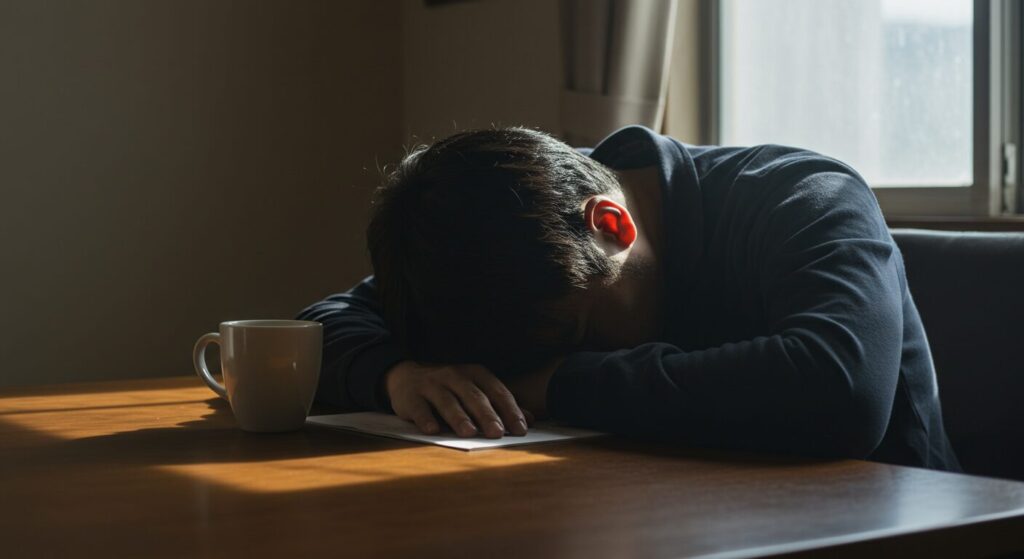 人間関係のストレスを放置した結果、心身ともに疲れ果てて机に突っ伏している様子。