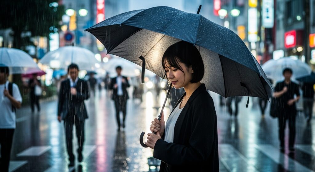 雨が降る雑踏の中、周囲の人々と距離を取りながら傘をさし、冷静な表情で佇むスーツ姿の女性