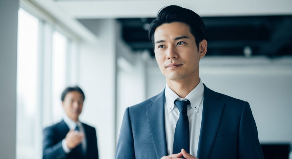 攻撃的なクラッシャー上司を前に、感情的にならず冷静な対応を保つビジネスマンの様子。