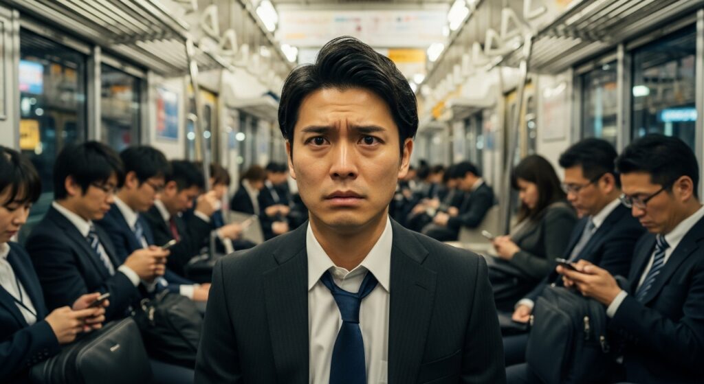 満員電車の中で他人の評価軸を気にしすぎている、不安そうな表情の日本人男性。