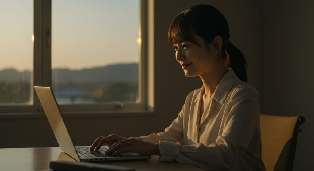 夕暮れのオフィスでパソコン作業を終え、静かな達成感とともに満足げな笑みを浮かべる日本人女性。