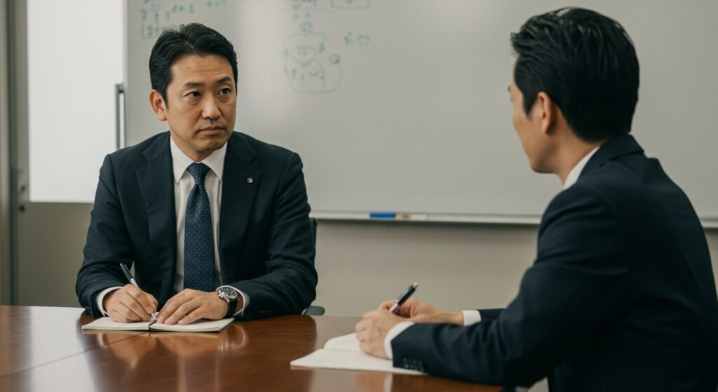 上司が部下の意見に穏やかな表情で耳を傾ける、プライドの高さを改善する行動変化の様子。