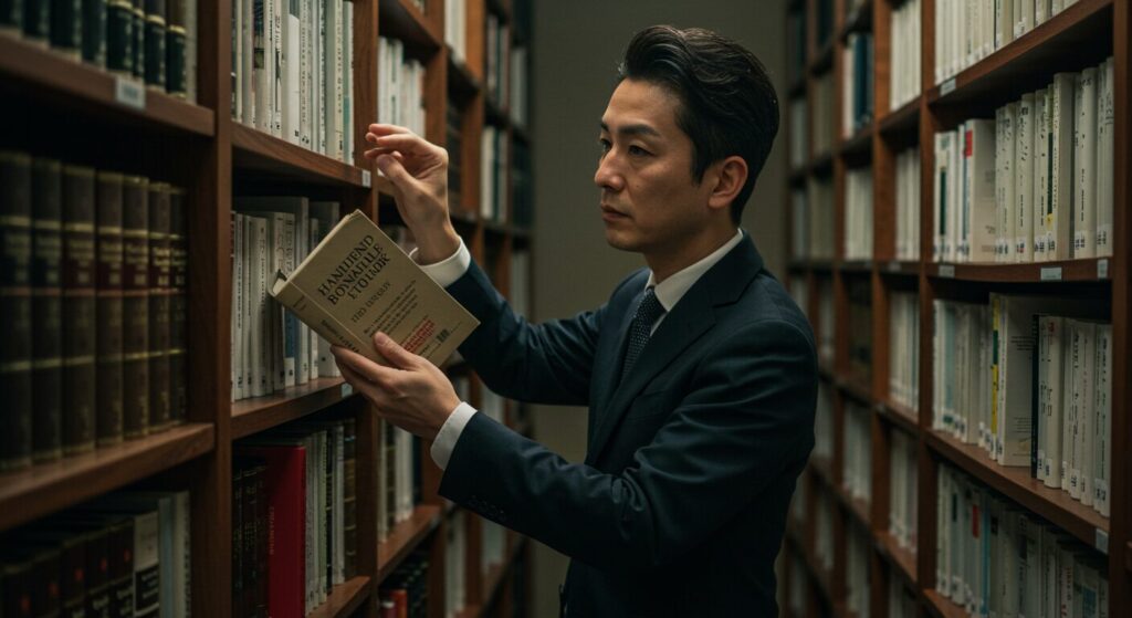 図書館の膨大な本の中から、自分に有益な一冊を真剣な表情で選び出すスーツ姿の日本人男性。