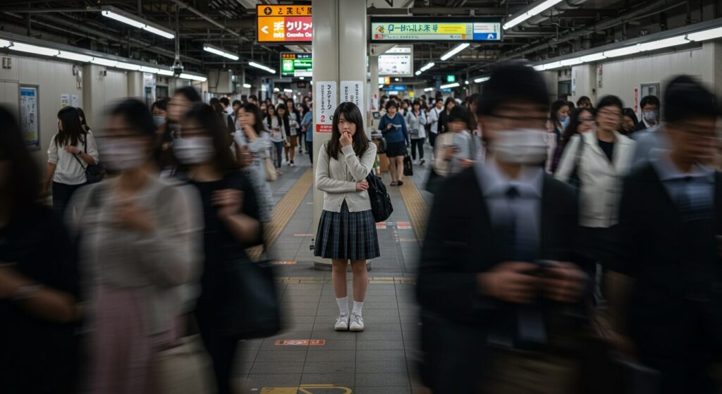 駅のホームの雑踏の中で一人だけ孤立し、ターゲットにされやすい人の特徴である不安な様子を見せる女性。