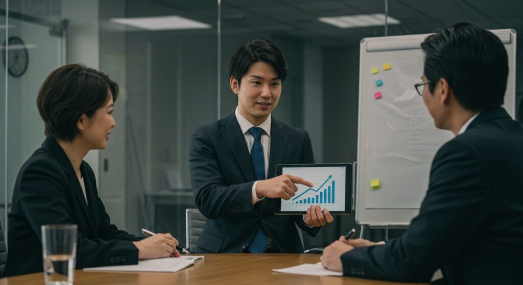 自身の貢献度を客観的なデータやグラフを用いて、会議で上司や同僚に自信を持ってアピールしている若い男性。