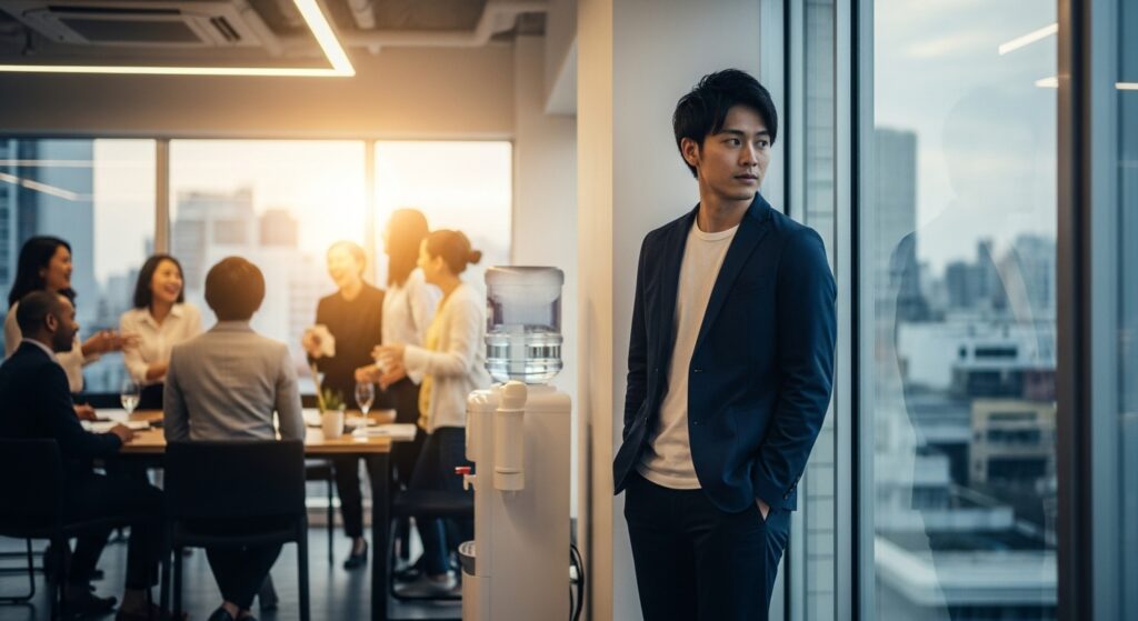 同僚たちが談笑する輪に入れず、コミュニケーションが苦手で一人窓の外を眺めているスーツ姿の男性。