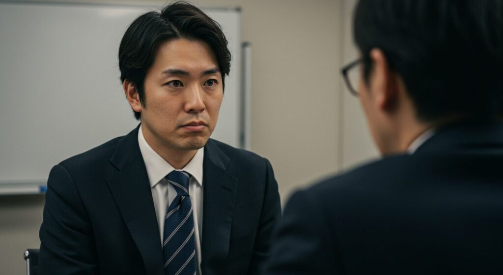 専門用語が多くて説明が理解できず、困惑した表情を浮かべる日本人ビジネスマン。