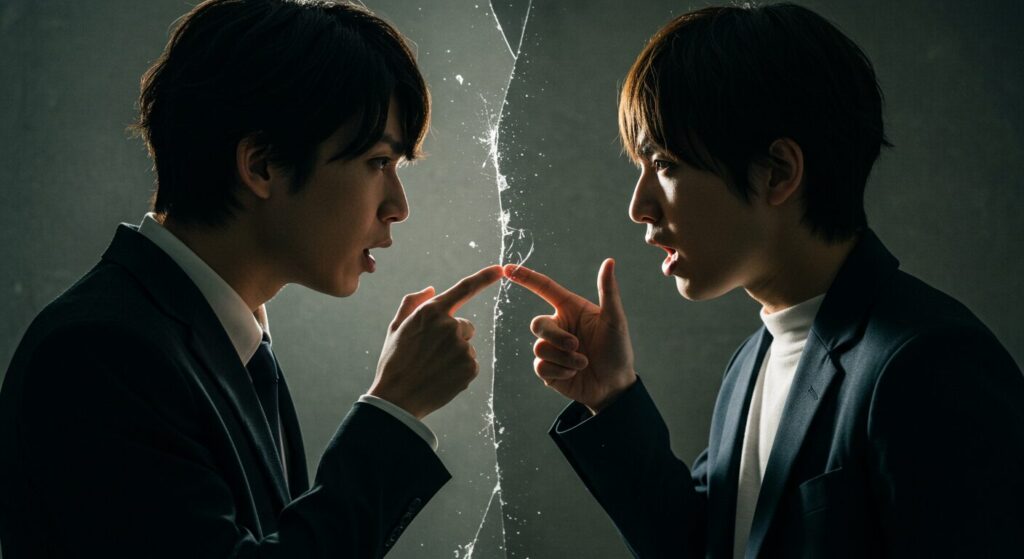 激しい口論の末、関係にひびが入った様子を象徴する二人の人物。