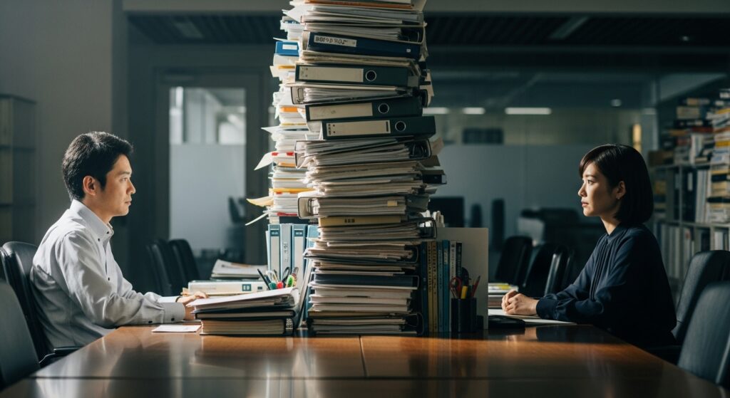 高い書類の山を壁のようにして、向かいに座る同僚とのコミュニケーションを遮断している職場の男女。