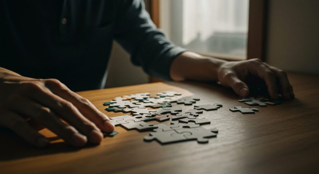 人の話を聞かない複合的な心理的要因をパズルのピースに見立てている。