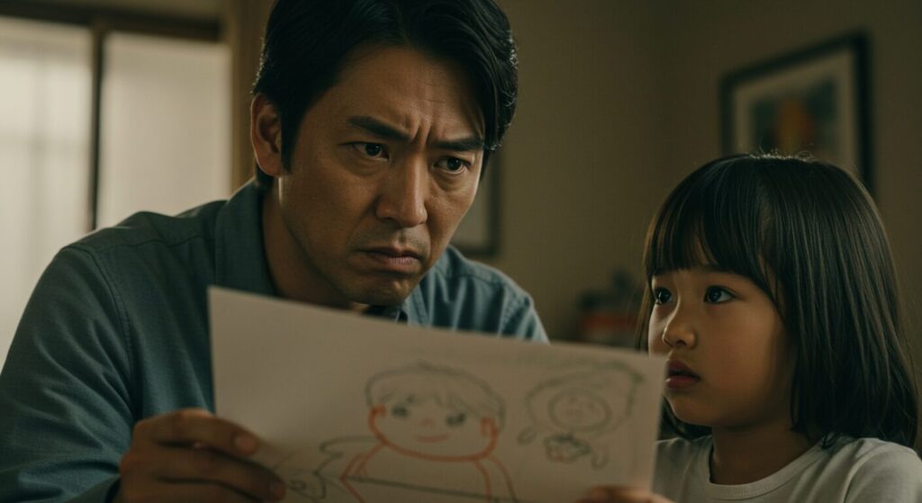 自分の描いた絵を厳しい表情で見つめる父親の顔色をうかがう女の子、条件付きの愛情を象徴する家庭環境。