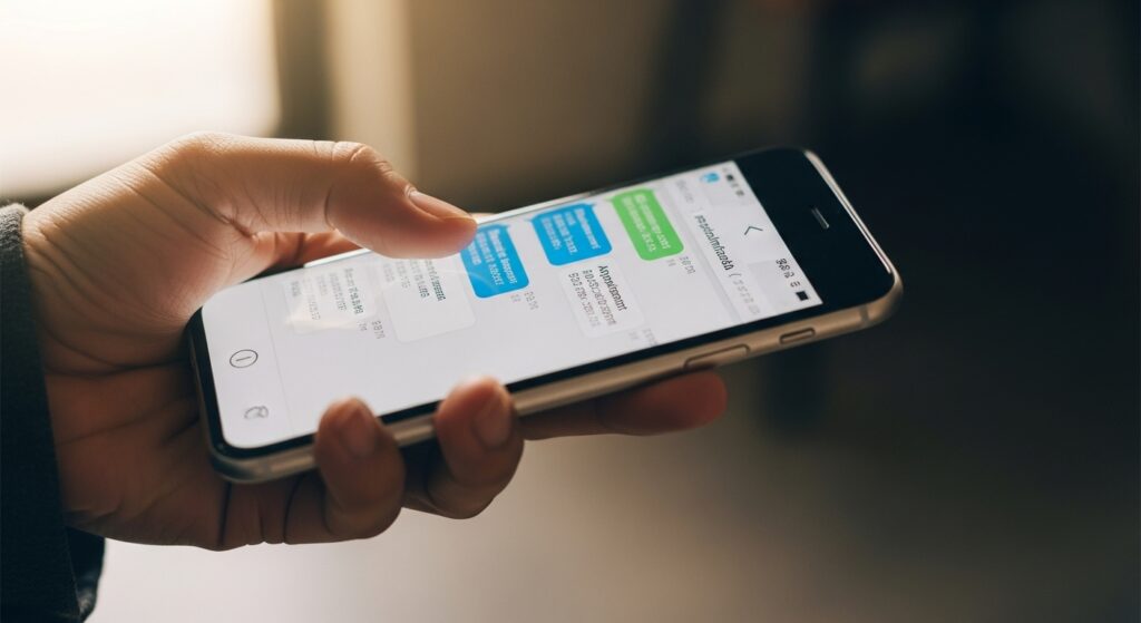 お調子者との大切な約束をスマートフォンで確認している手元のクローズアップ。