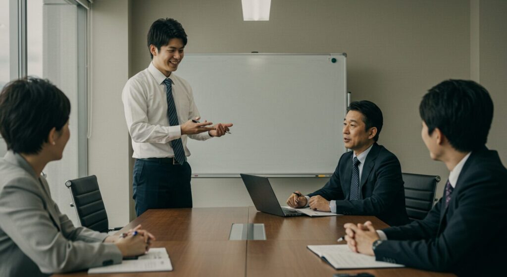 会議室で上司たちの前で立ち、理解した内容を自信を持って説明する若い日本人社員