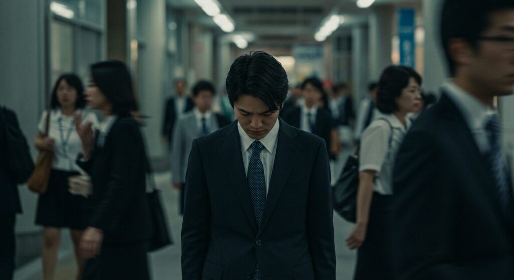 雑踏の中で一人孤立するビジネスパーソンが、自己肯定感が低いままだと起こる問題を示唆している。