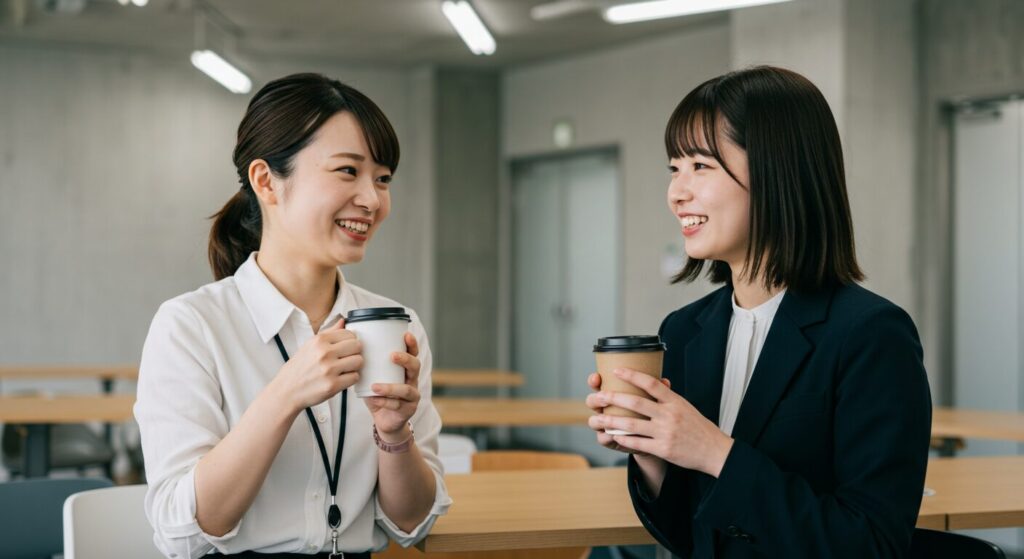 オフィスの休憩スペースで、コーヒーを片手に笑顔で建設的な対話をする二人の日本人女性社員
