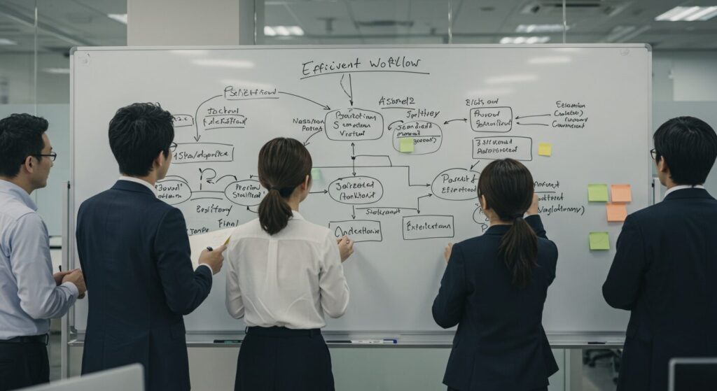 企業の対策として、ホワイトボードに描かれた新しいワークフローについて議論するビジネスチーム。