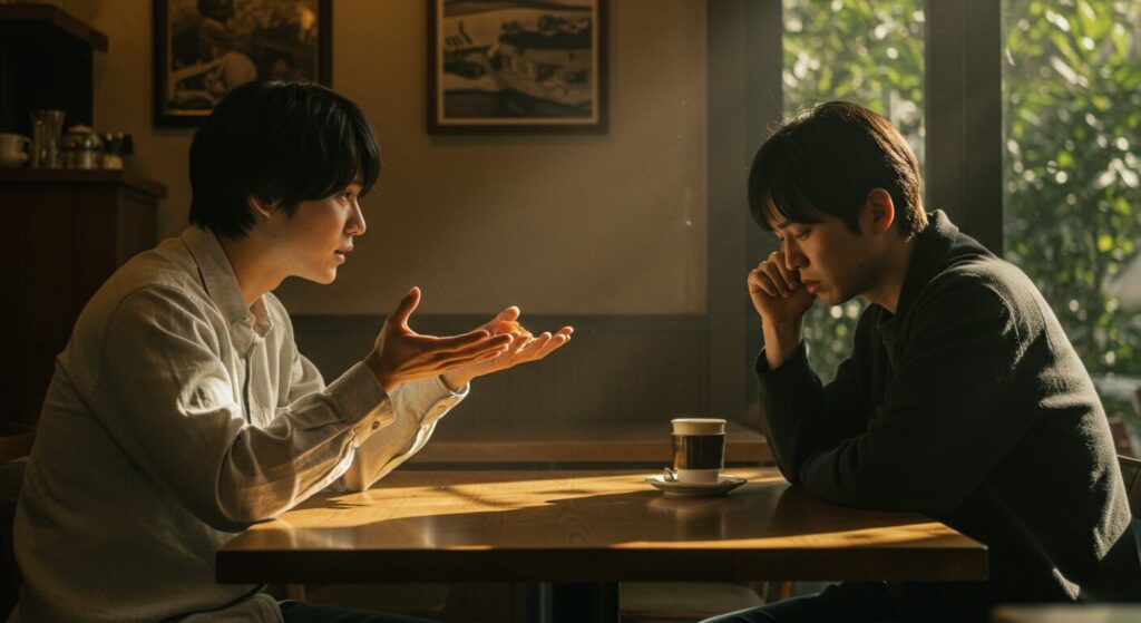 自己肯定感を下げてくる人の批判的な言葉によって、カフェで会話中に暗い表情でうつむく日本人。